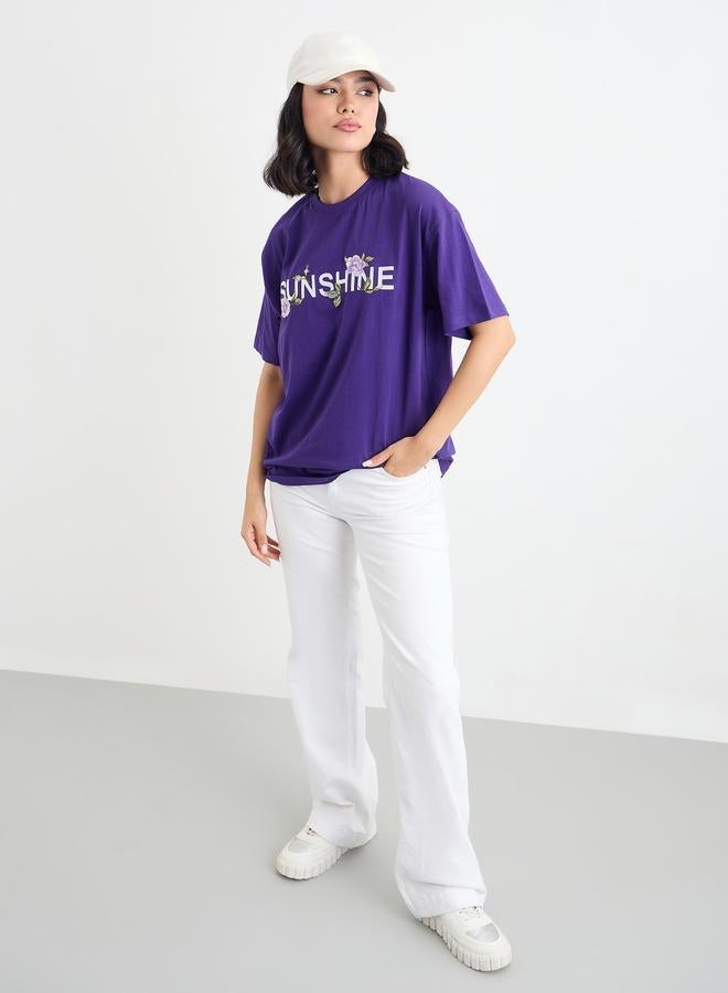 Styli Embroidered Slogan Short Sleeves Oversized T-Shirt - Image 2